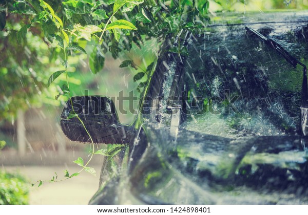 wing mirror and car windshield with rain drops and\
frameless wiper blade closeup, black car under the tree with rain\
drop water.