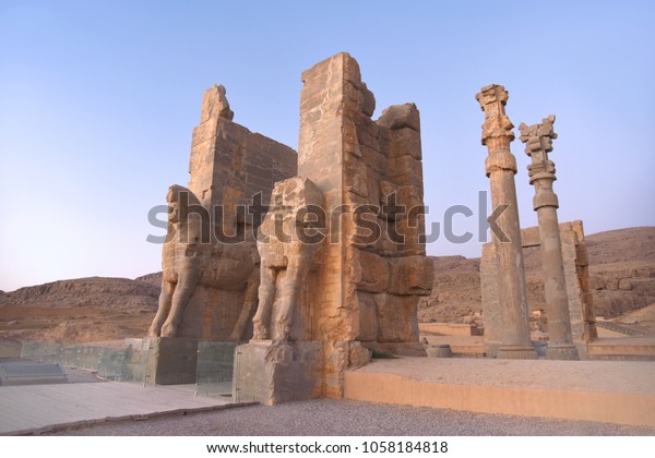 Winged bulls with shattered heads stand at\
the entrance to the ancient city. The main gate of Persepolis.\
Ancient  persian city near Shiraz.\
Iran.