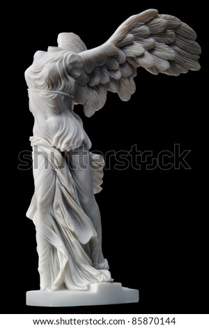 winged victory of samothrace small replica isolated on black background