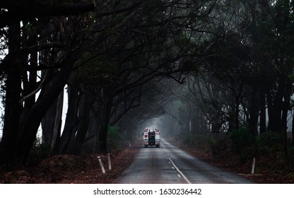 Wingello, NSW/Australia - January 20 2020: New South Wales Rural Fire Service Fire Truck Drives Through Smoke And Forest During The Australian Bush Fires Of 2019-2020