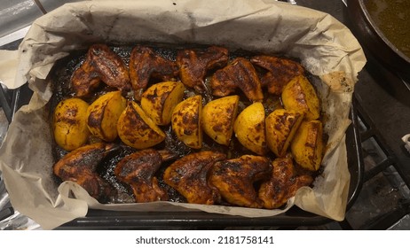 Wings And Potatoes Plate Out Of The Oven Fresh Romanian Dish