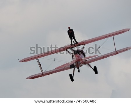 Wing-walking performance at a Canadian airshow near Bromont, Canada