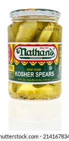 Winneconne, WI -1 April 2022: A Package Of Nathans Famous New York Kosher Pickle Spears On An Isolated Background