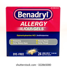 Winneconne, WI -1 Oct 2015:  Box Of Benadryl Allergy Liquid Gel Capsules.