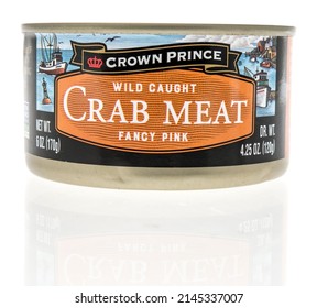 Winneconne, WI -10 April 2022: A Can Of Crown Prince Wild Caught Pink Crab Meat On An Isolated Background