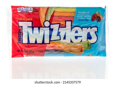 Winneconne, WI -10 April 2022: A package of Twizzlers twists rainbow candy on an isolated background