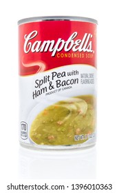 Winneconne, WI - 10 May 2019 : A Can Of Campbells Split Pea With Ham And Bacon Soup On An Isolated Background