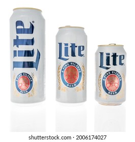 Winneconne, WI -11 July 2021:  A collection of Miller Lite beer cans in different sizes on an isolated background