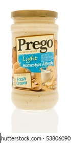 Winneconne, WI - 13 December 2016:  Jar Of Prego Light Homestyle Alfredo Sauce On An Isolated Background.