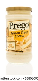 Winneconne, WI - 13 December 2016:  Jar Of Prego Artisan Three Cheese Alfredo Sauce On An Isolated Background.