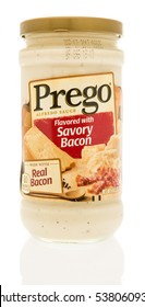 Winneconne, WI - 13 December 2016:  Jar Of Prego Savory Bacon Alfredo Sauce On An Isolated Background.