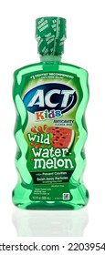 Winneconne, WI - 18 August 2022: A Bottle Of ACT Kids Wild Watermelon Mouth Wash On An Isolated Background.