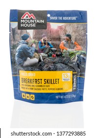 Winneconne, WI -  19 April 2019: A Package Of Mountain House Freeze Dried Food That Is Perfect For Emergency Preparedness, Camping, Backpacking, Hunting, Fishing, Travel On An Isolated Background