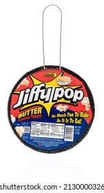 Winneconne, WI -19 February 2021: A Package Of Jiffy Pop Butter Flavored Popcorn On An Isolated Background