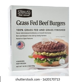 Winneconne, WI - 19 January 2019 : A package of Strauss free raised grass fed beef burgers on an isolated background