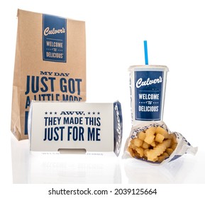 Winneconne, WI -2 February 2021:  A Package Of Culvers Fast Food Chicken Tenders,  Fries, Drink, Bag And Welcome To Delicious On An Isolated Background