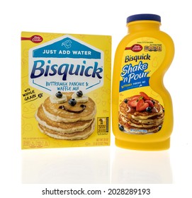 Winneconne, WI -20 August 2021:  A Package Of Betty Crocker Bisquick Shake N Pour And Regular Buttermilk Pancake Mix On An Isolated Background