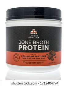 Winneconne,  WI - 23 April 2020:  A Bottle Of Ancient Nutrition Bone Broth Protein With Collagen Pepties From Beef Bone Broth On An Isolated Background.