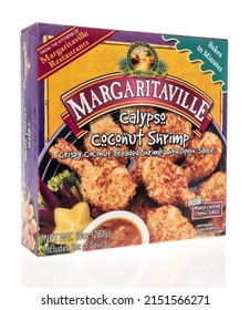 Winneconne, WI -23 April 2022: A package of Margaritaville calypso coconut shrimp on an isolated background