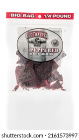 Winneconne, WI -23 April 2022: A Package Of Old Trapper Peppered Beef Jerky On An Isolated Background