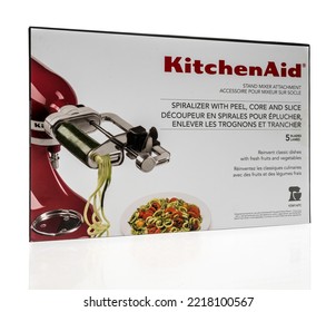 Winneconne, WI - 24 October 2022: A Package Of Kithcenaid Stand Mixer Attachment Spiralizer With Peel Core And Slice On An Isolated Background.