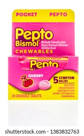 Winneconne, WI -  26 April 2019: A Package Of Pepto Bismol Medicine For Diarrhea, Nausea, Heartburn, Indigestion On An Isolated Background