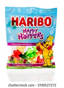 Winneconne, WI - 5 March 2021: A Package Of Haribo Happy Hoppers Candy On An Isolated Background