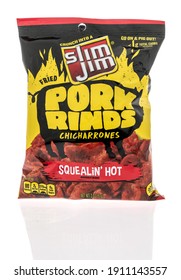 Winneconne, WI -6 February 2021: A Package Of Slim Jim Pork Rinds On An Isolated Background.