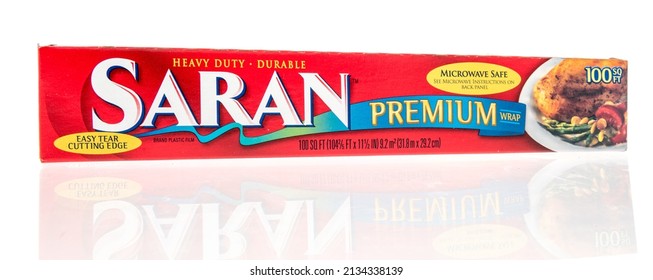 Winneconne, WI -6 March 2021: A Package Of Saran Plastic Cling Wrap Film On An Isolated Background