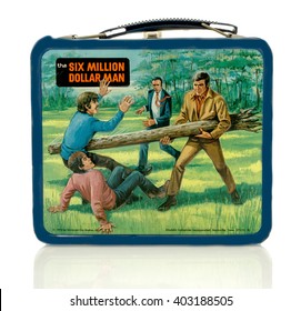 Winneconne, WI - 8 April 2016:  Lunch Box Featuring The Six Million Dollar Man On An Isolated Background.