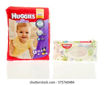 Winneconne, WI -9 February 2017: Huggies Little Movers Diapers With Wipes On An Isolated Background.