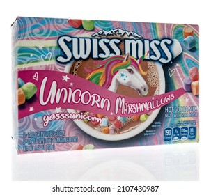 Winneconne, WI -9 January 2021: A Package Of Swiss Miss Unicorn Marshmallows Hot Cocoa Mix On An Isolated Background