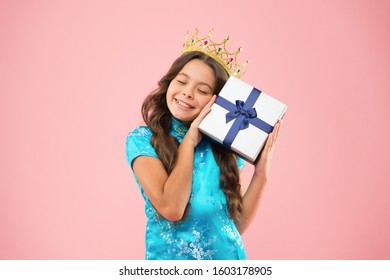 Winner Of Beauty Competition. International Beauty Contest. Kid Wear Golden Crown Symbol Of Glory. Beauty Pageant. Little Princess. Girl Wear Crown. Princess Manners. Award Concept. Gift Box.