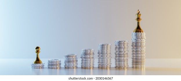 Winner of business and successful,growth,leadership,planning,victory,business strategy concept.Chess climbing up stairs to reach a business target.Golden king chess and coins stack to successfully. - Shutterstock ID 2030146367