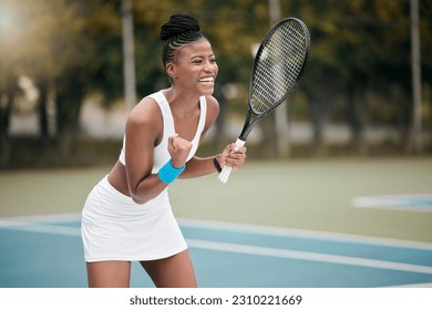 Winner, celebrate and black woman excited, tennis and victory with fitness, happiness and sports. Female person, happy player or athlete on the court, game and exercise with workout goal and cheering - Powered by Shutterstock