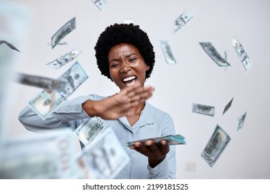 Winner, Celebration And Raining Money With Black Woman And Spray Of Cash, Investment Or Wealth. Achievement, Success And Profit With Excited Young Female After Winning Lotto, Cashback Or Promotion