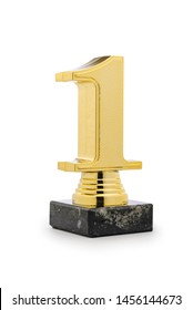 Winner Or Champion 1st Place Metallic Gold Trophy On White In The Form Of The Number One On A Plinth