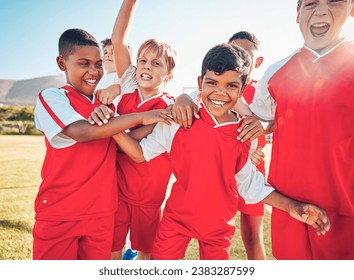 Winner, fitness or happy football children for success, goal or celebration for team building on soccer field. Friends kids or sports children for victory, teamwork or motivation exercise workout - Powered by Shutterstock