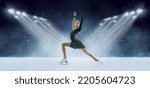 Winner. Junior female figure skater wearing beautiful dress performing short program over ice arena background. Dance, winter sports, achievements, champion concept. Creative collage