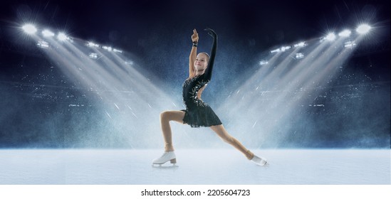 Winner. Junior female figure skater wearing beautiful dress performing short program over ice arena background. Dance, winter sports, achievements, champion concept. Creative collage