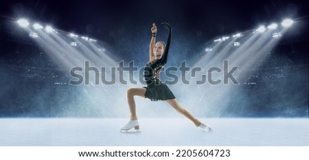 Winner. Junior female figure skater wearing beautiful dress performing short program over ice arena background. Dance, winter sports, achievements, champion concept. Creative collage