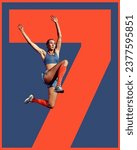 Winner. Muscular, athletic young woman,. jumping on long jump competition. Creative collage. Concept of competition and athletics, professional sport, win, sport event and challenge. Poster, ad