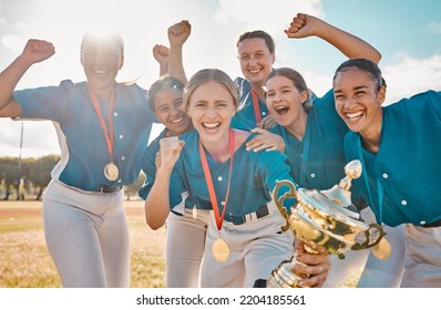 Winner, Success And Trophy With Women Baseball Team In Celebration At Park Field For Sports, Teamwork And Champion. Achievement, Motivation And Happy Group Of Players Winning Sport Game Together