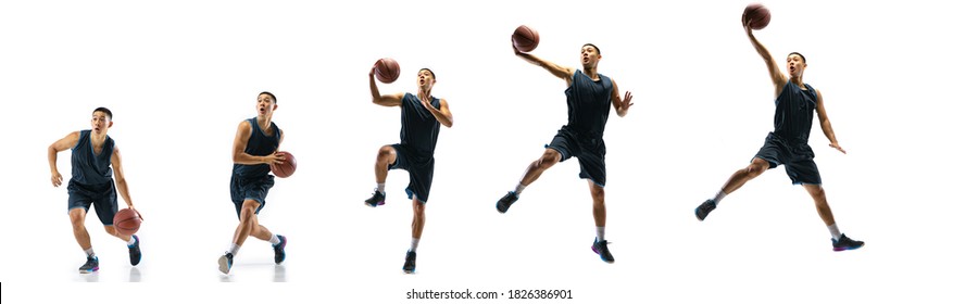 Winner. Young basketball player of team training in action, motion in jump of step-to-step goal isolated on white background. Concept of sport, movement, energy and dynamic, healthy lifestyle. - Powered by Shutterstock