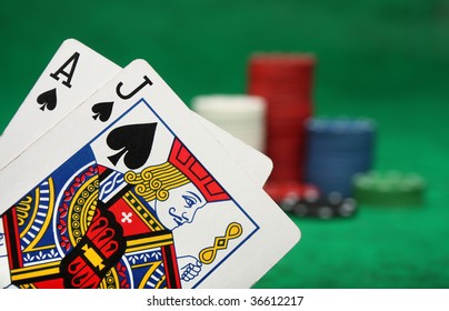 A Winning Blackjack Hand With Gambling Chips