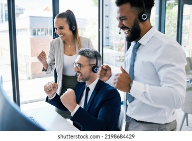 Winning Call Center Agency Or Online Team Celebration For Target Success Or Goal With Fist Pump Hands In A Video Call. Sales, Telemarketing Or Ecommerce Business People With Review, Report Or Results