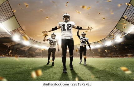 Winning championship. Male athletes, professional american football players in uniform after winning game at open air 3D stadium with confetti. Concept of sport, competition, action, motion, game, cup - Powered by Shutterstock