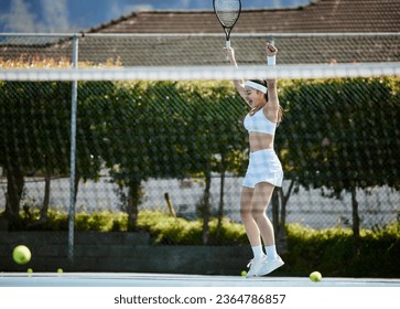 Winning, cheers and woman jump for tennis win, celebration and happy with fitness and athlete on outdoor court. Excited, sports achievement and winner of competition or match, exercise and success - Shutterstock ID 2364786857