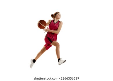 Winning final goal. Teen girl, basketball player in motion, playing isolated over white studio background. Concept of sportive lifestyle, active hobby, health, endurance, competition. Ad - Powered by Shutterstock