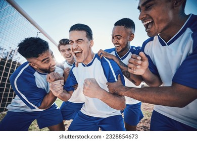 Winning, goal and soccer with team and achievement, men play game with sports and celebration on field. Energy, action and competition with male athlete group, cheers and happiness with success - Powered by Shutterstock